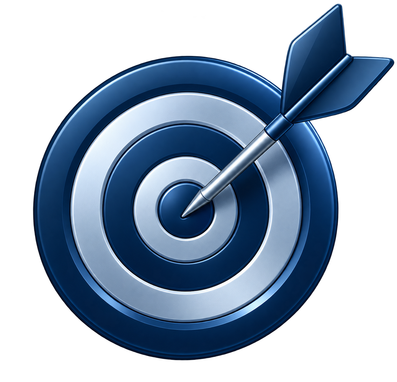A blue and silver target with a black dart hitting the bullseye.