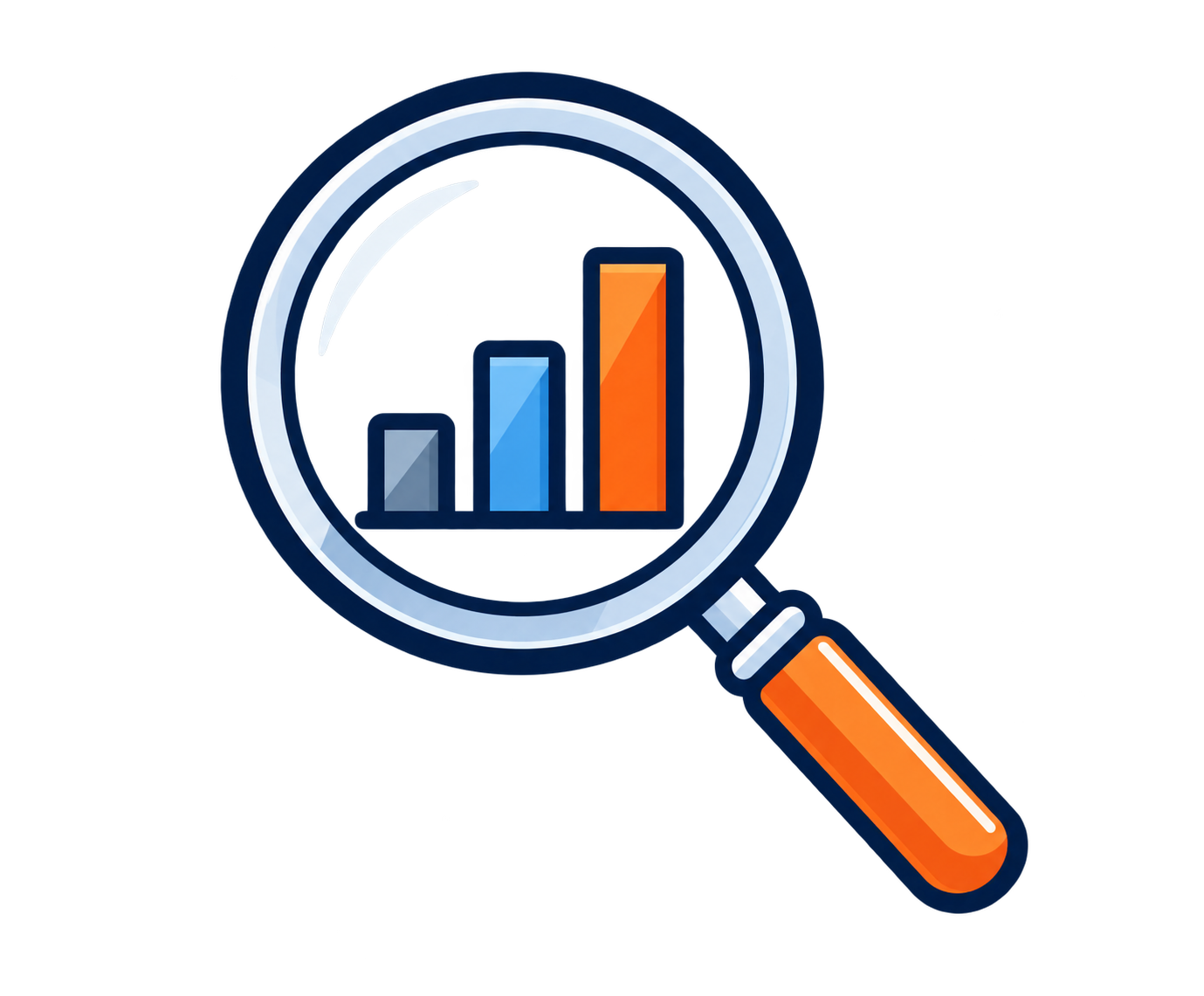 Magnifying glass focusing on a bar graph with three bars of increasing height, colored gray, blue, and orange.