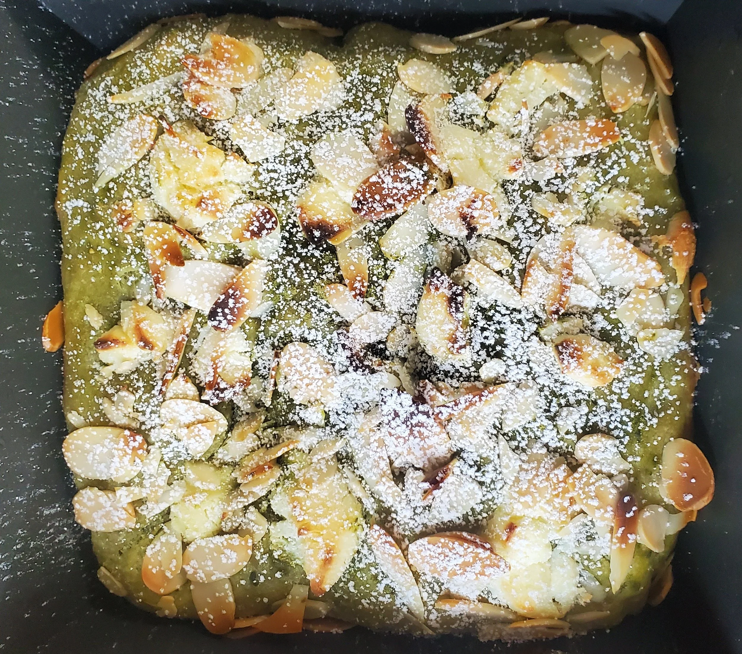 Matcha focaccia with almonds and cream cheese