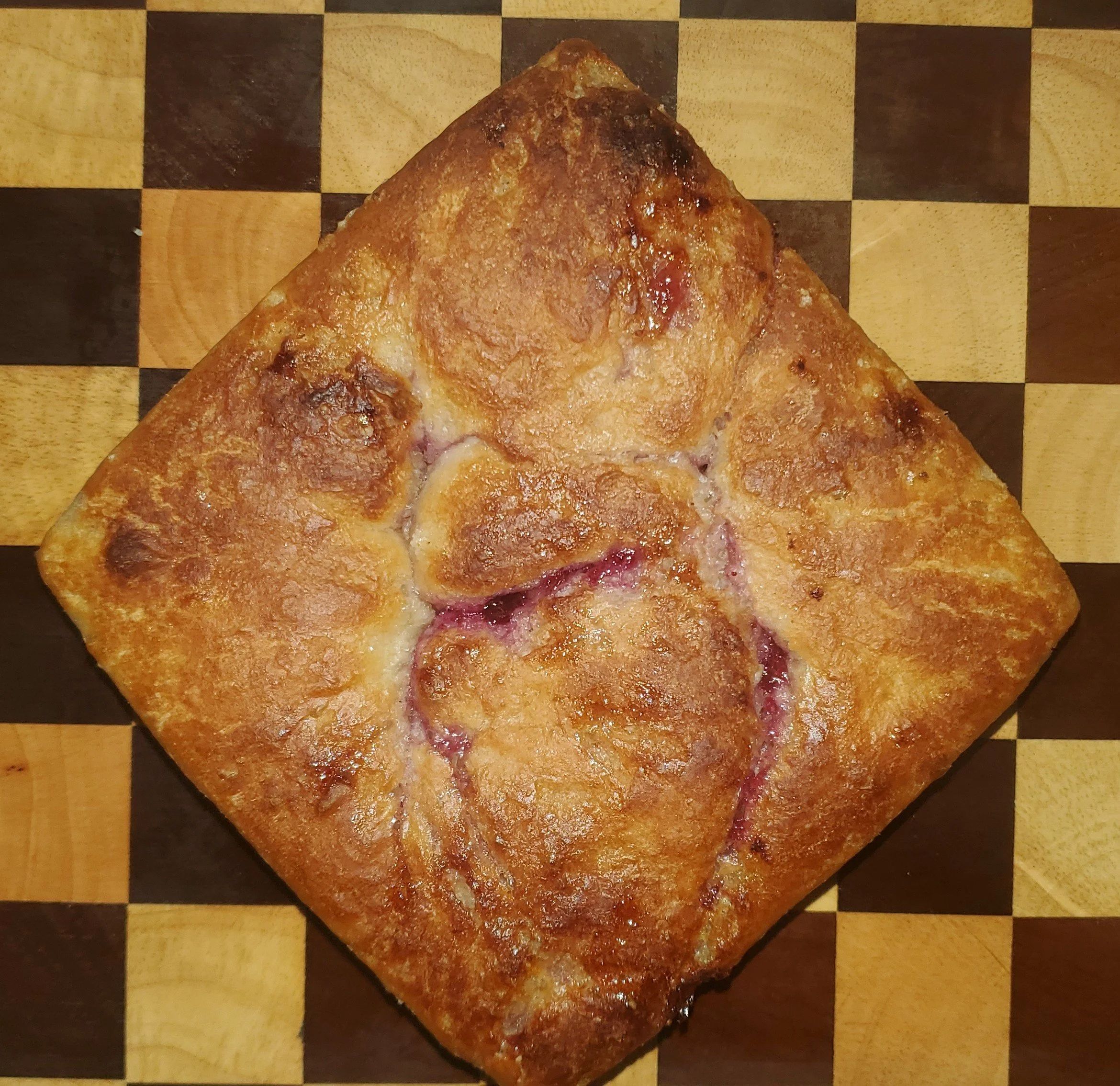 Hibiscus focaccia with blueberry and rhubarb jam