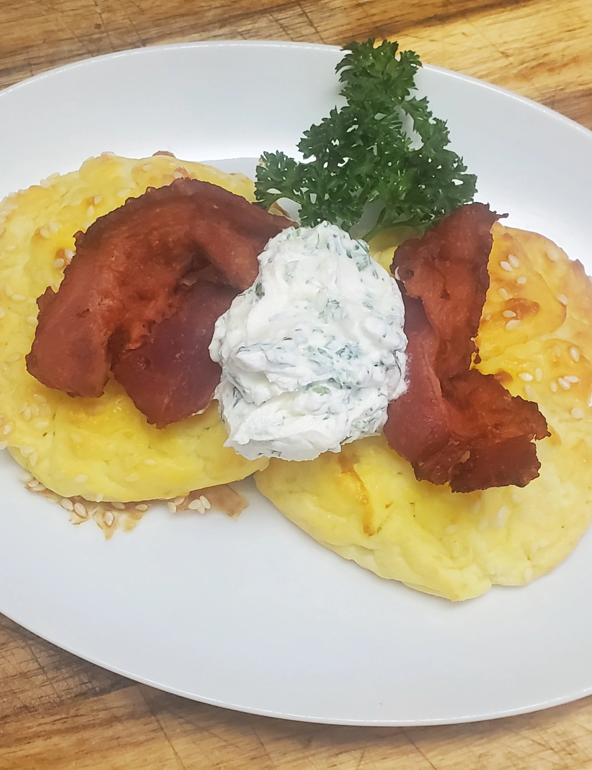 Potato clouds with buckboard bacon and herbed sour cream