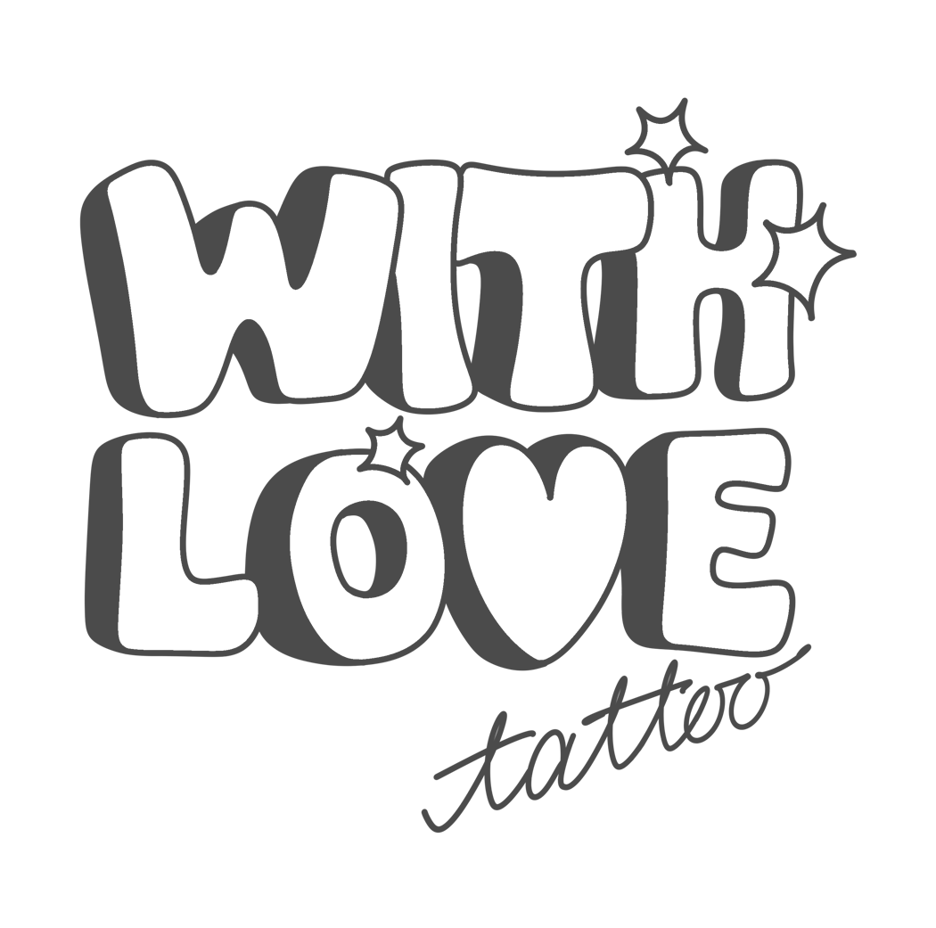 Black background with white, playful, stylized text that reads "WITH LOVE" decorated with small star-like accents.