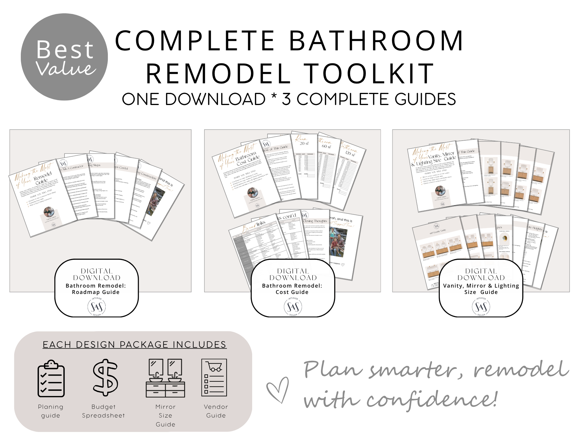 Complete bathroom remodel toolkit with cost, planning, vanity sizing, mirror, lighting, and remodeling guides.