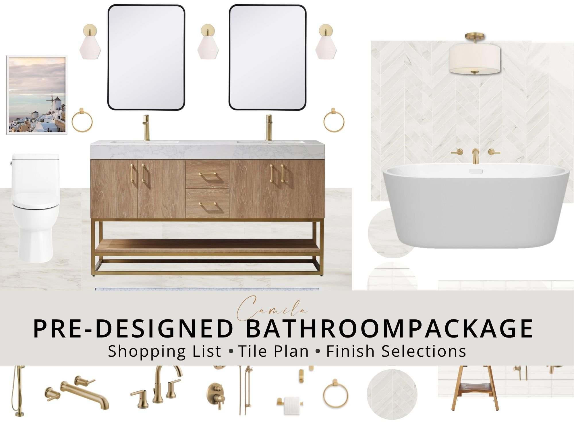 Pre-designed bathroom package with wood vanity, marble countertop, black-framed mirrors, brass fixtures, white tile, and coordinated finish selections.
