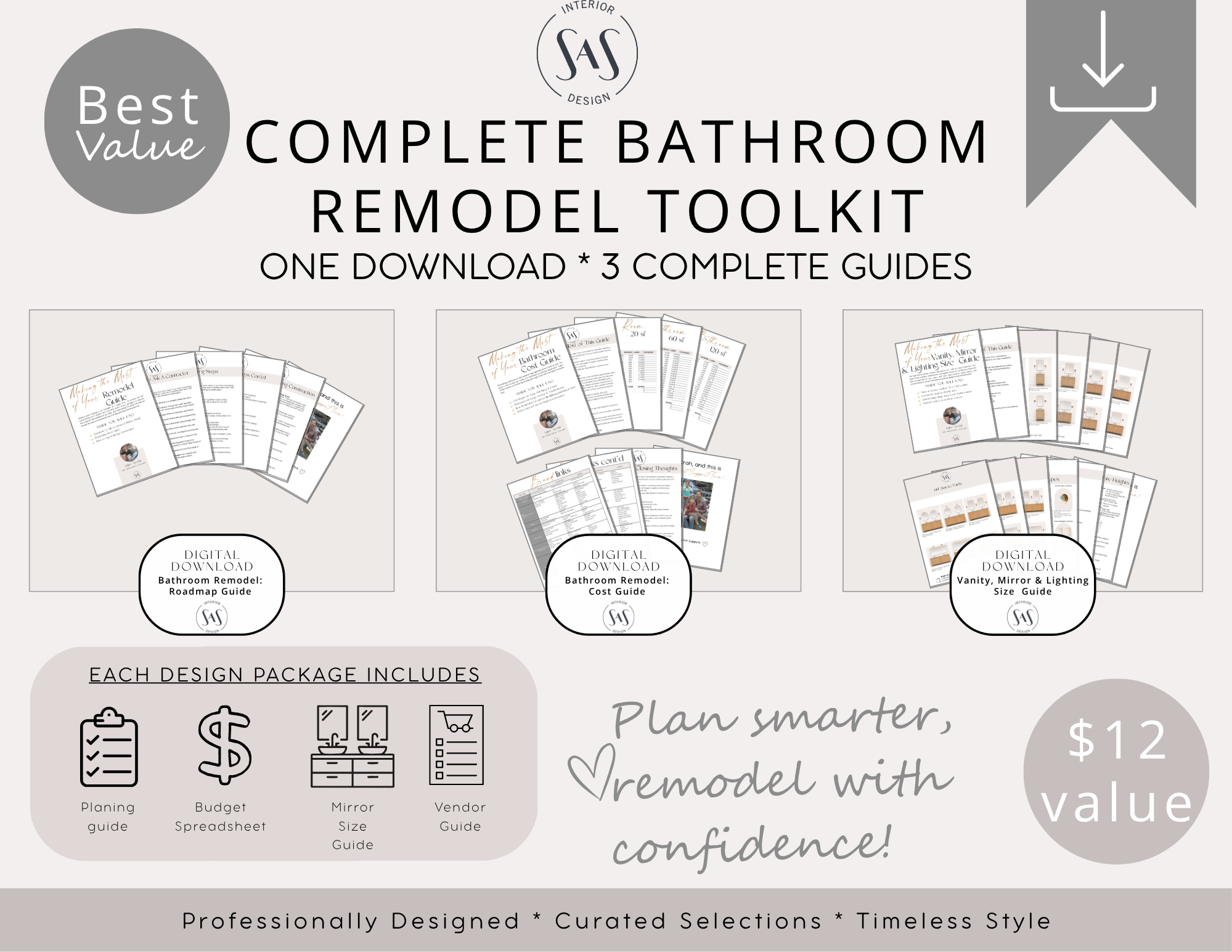 Complete bathroom remodel toolkit with cost, planning, vanity sizing, mirror, lighting, and remodeling guides.