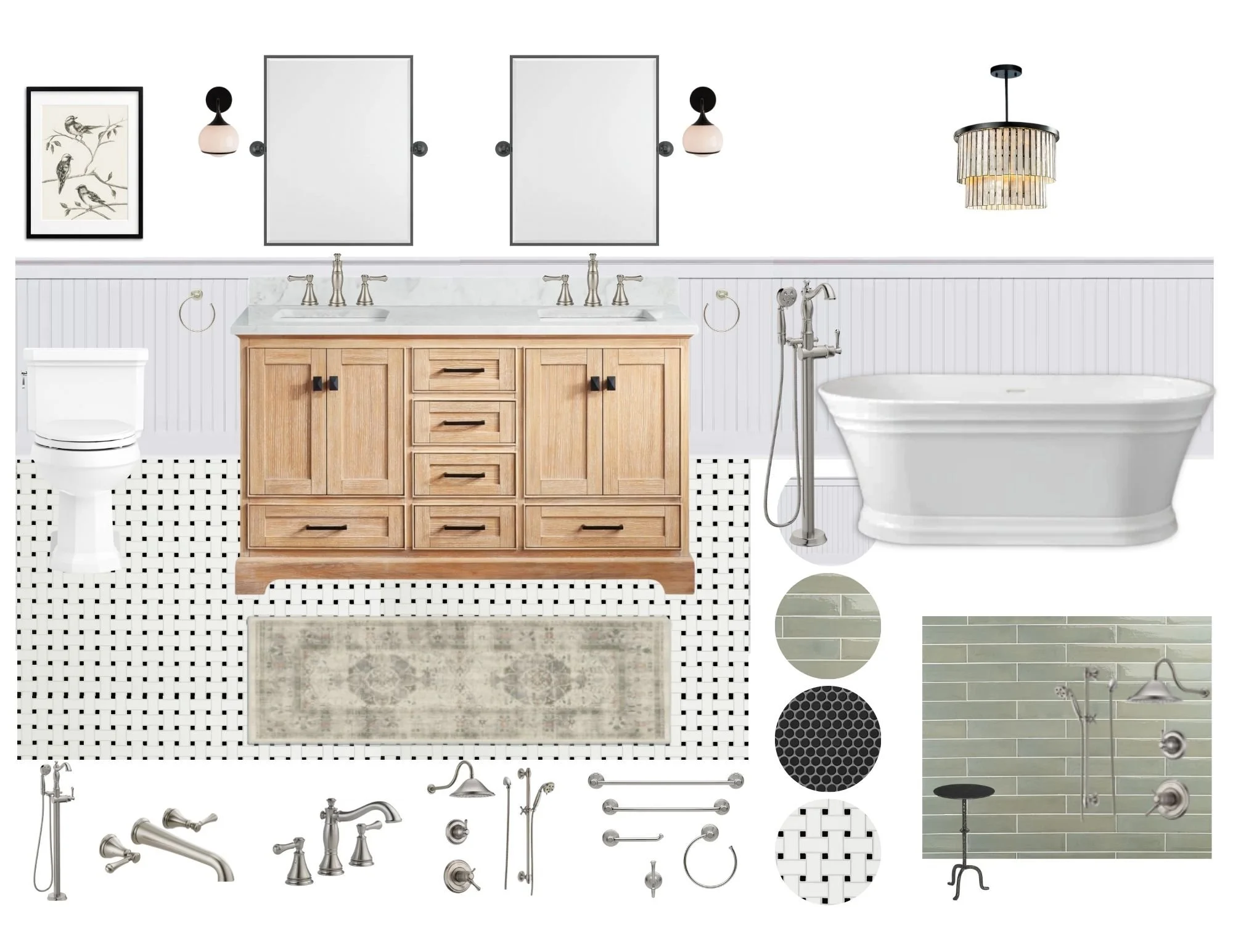 Bathroom design board with double wood vanity, mirrors, sconces, freestanding tub, tile, plumbing fixtures, and finish selections.