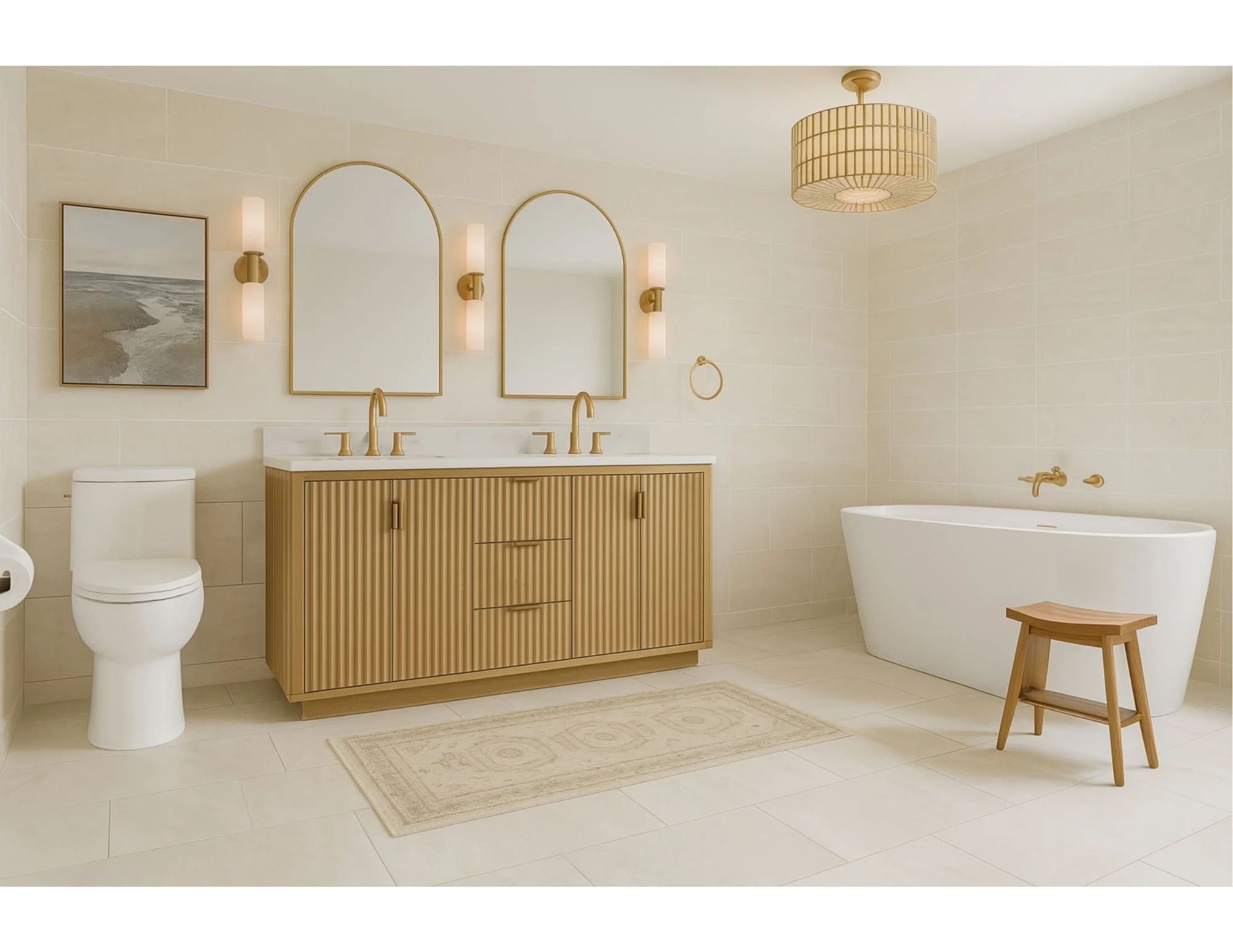 Bathroom design board with double wood vanity, mirrors, sconces, freestanding tub, tile, plumbing fixtures, and finish selections.