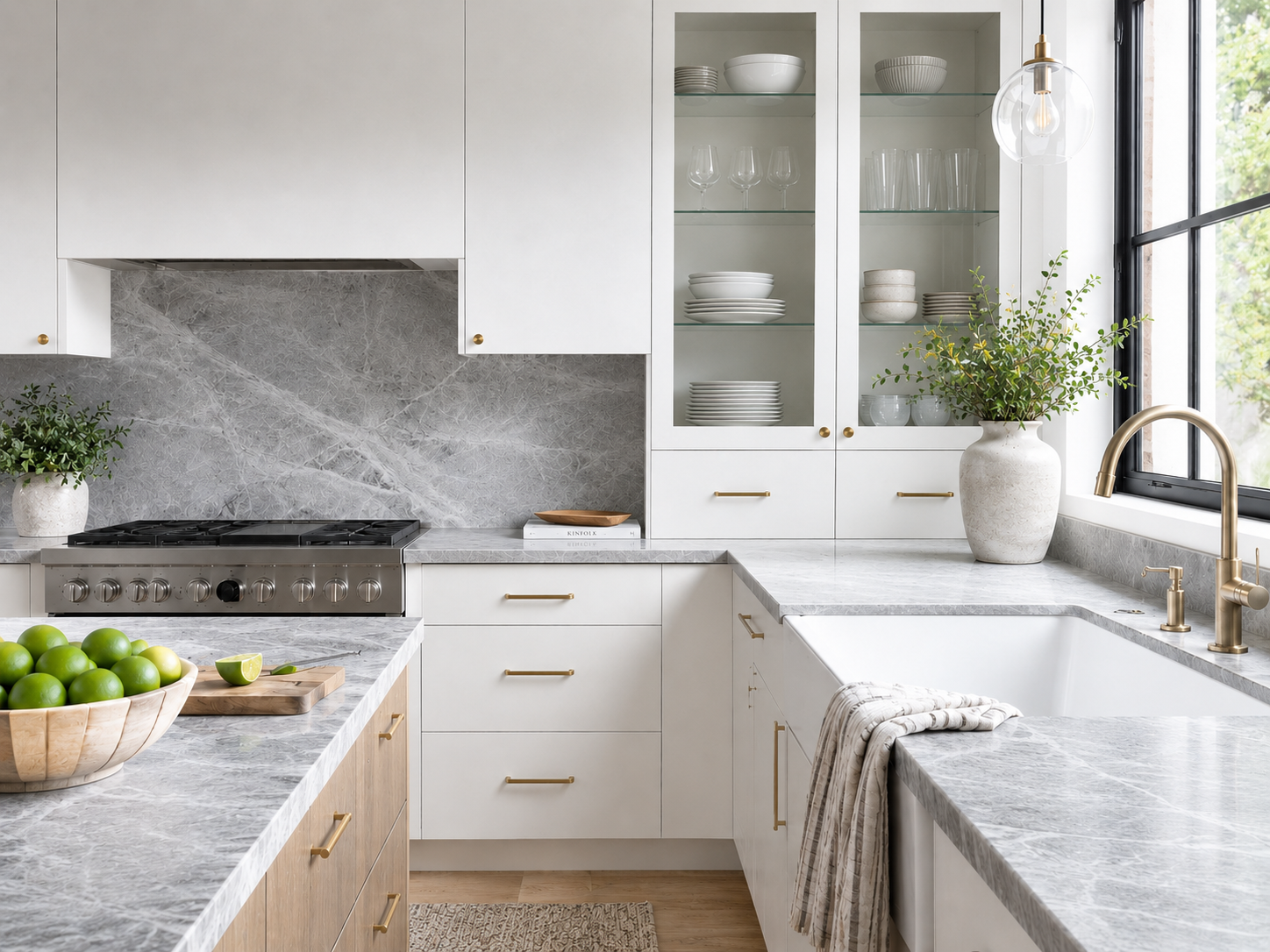 Modern white kitchen with marble countertops, glass-front cabinets, and a large window, decorated with potted green plants and a bowl of green apples.