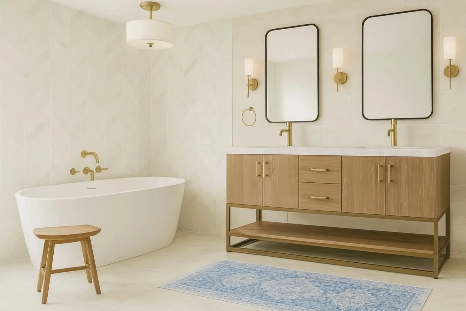 Bathroom design board with double wood vanity, mirrors, sconces, freestanding tub, tile, plumbing fixtures, and finish selections.