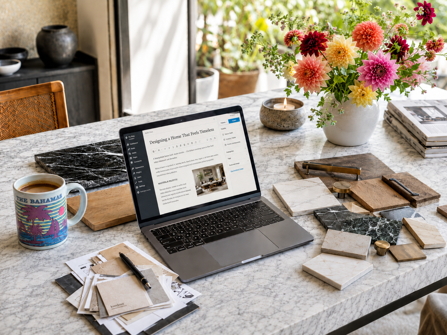 A marble table with a laptop displaying a home design webpage, a cup of coffee, a large bouquet of colorful flowers, samples of different materials, a pen, a stack of magazines, and a lit candle in a stone holder.