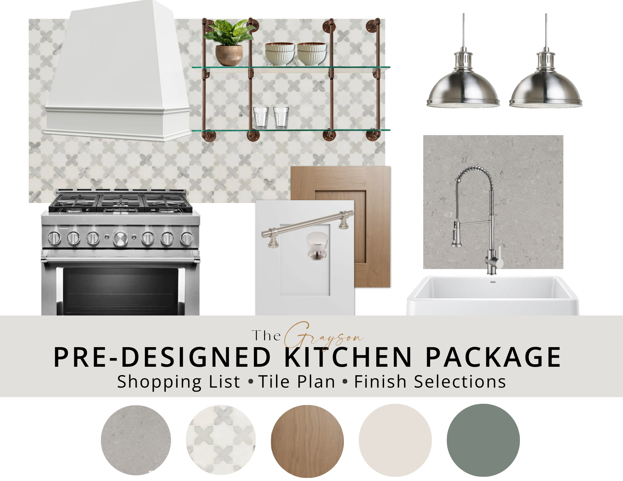 Pre-designed kitchen package with cabinetry, countertop, tile, lighting, shelving, appliances, and coordinated finish selections.