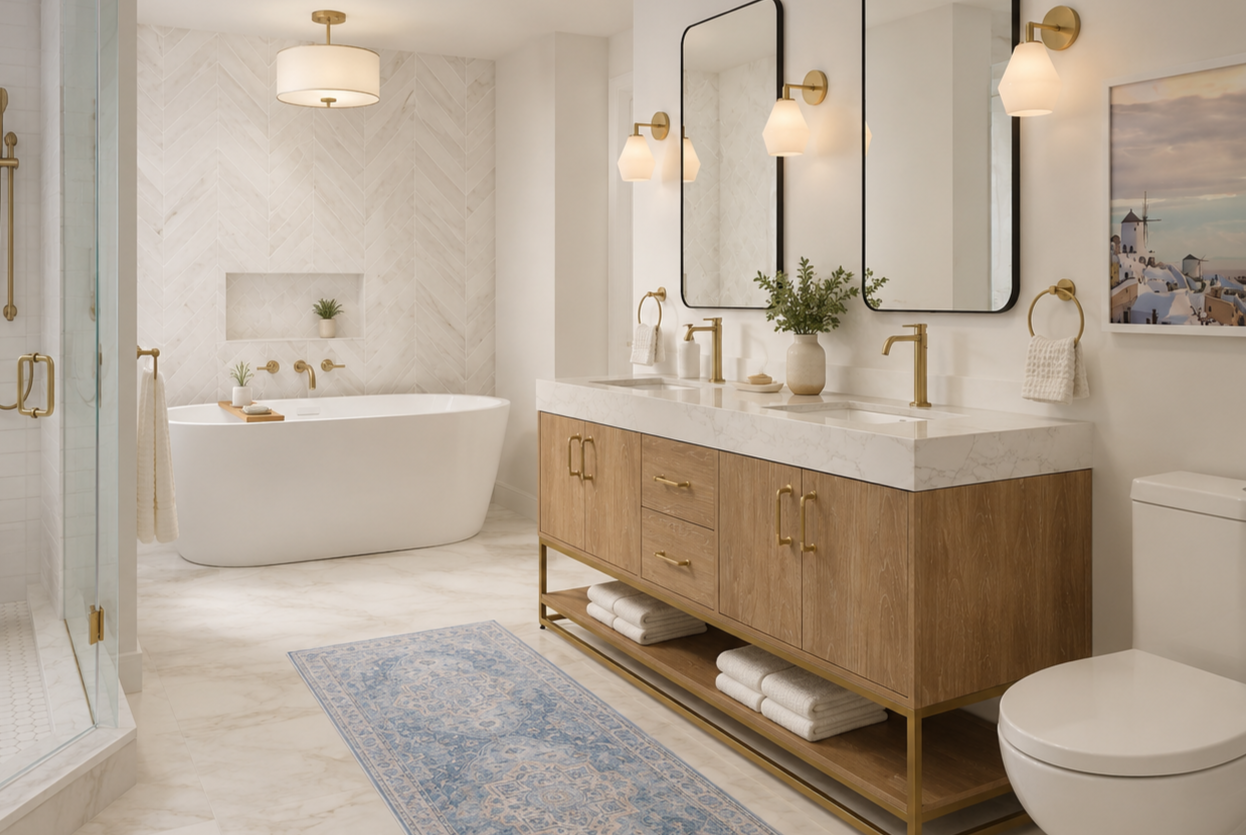 A modern bathroom with a white bathtub, a double vanity with marble countertop, gold fixtures, and a large mirror. There is a glass shower enclosure, a blue area rug, and decorative plants and artwork.