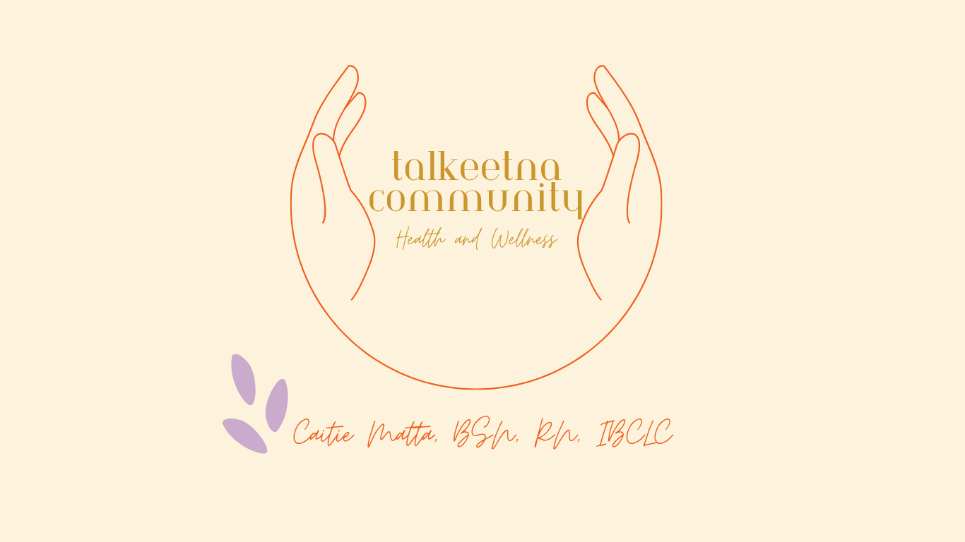 Logo for Talkeetna Community Health and Wellness with a minimalist drawing of two hands forming a circle around the text, and three purple leaves below.