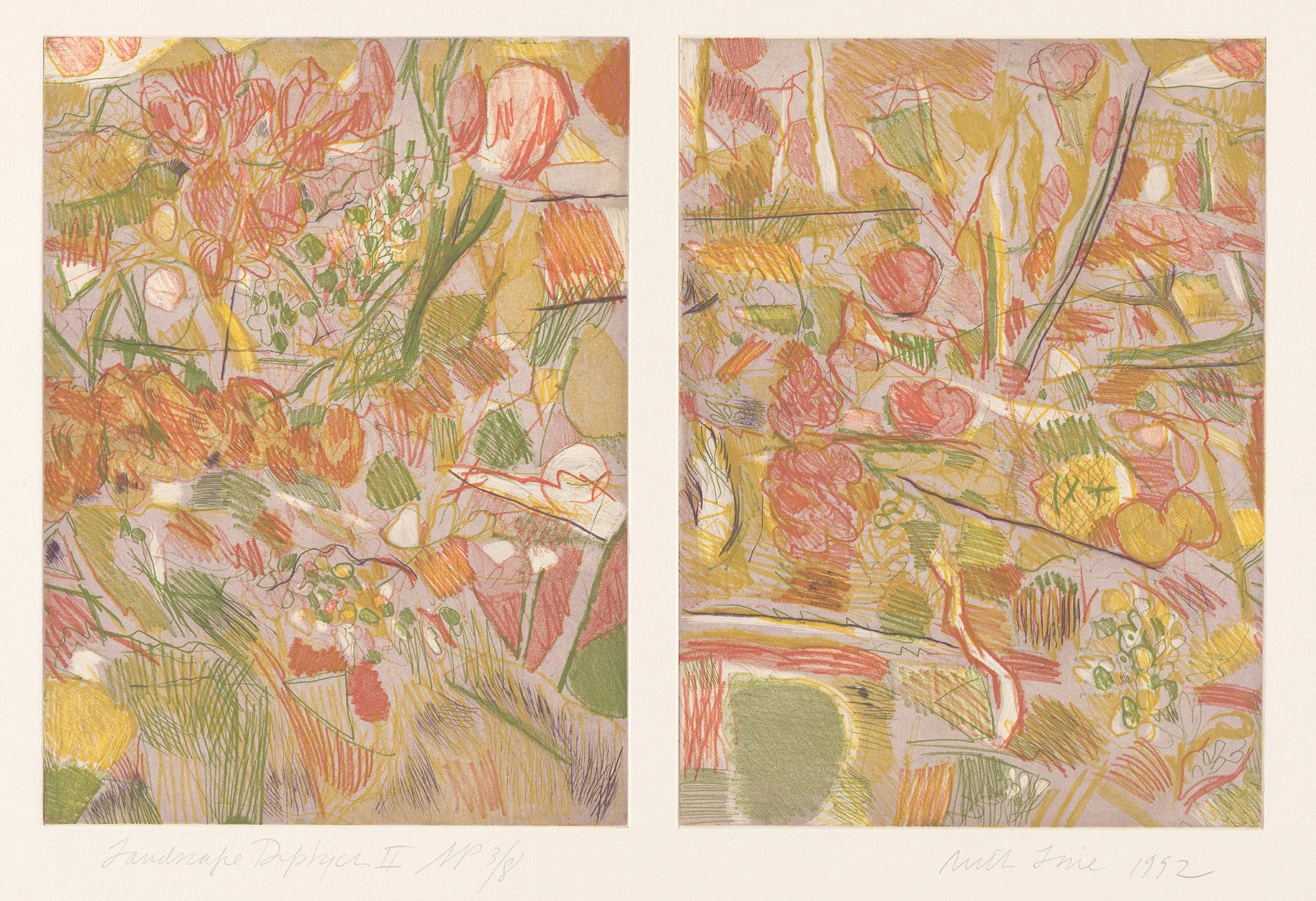 Two abstracted landscape prints with warm and cool colors, creating lines and shapes reminiscent of a landscape by printmaker and curator Ruth E. Fine.