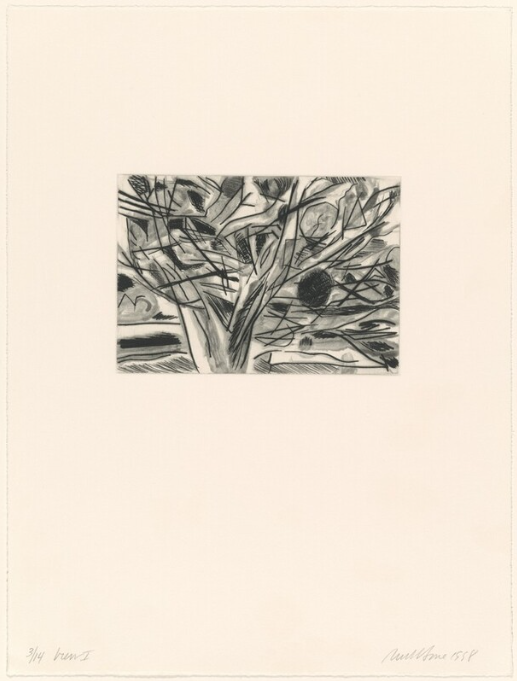 A black and white print of a tree with detailed branches, an abstracted landscape print with lines and shapes reminiscent of a landscape by printmaker and curator Ruth E. Fine.
