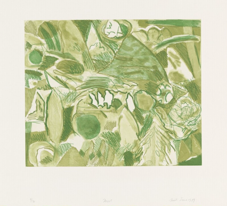A green-toned monochromatic abstract artwork, spitbite aquatint, soft ground editing and drypoint, depicting various natural elements like leaves, branches, and rounded stones, arranged in a layered composition.