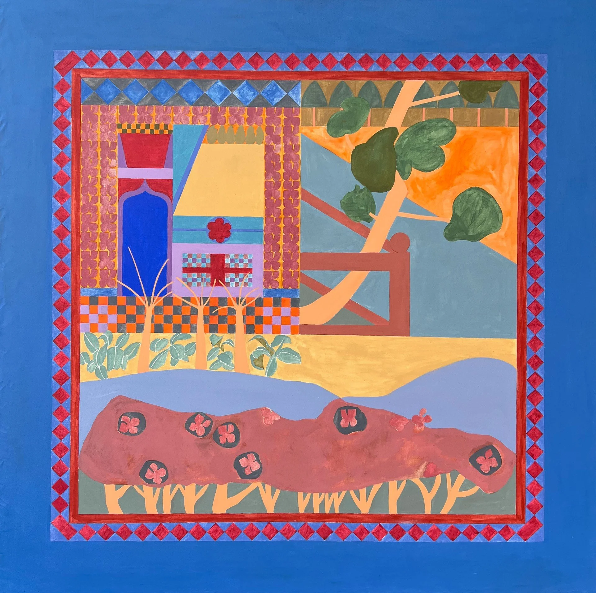 Colorful abstract painting featuring geometrical shapes, patterns, and a stylized house, yard, and trees with blue border framing the scene, acrylic on canvas by Ruth E. Fine, courtesy of Bryn Mawr College Special Collections.