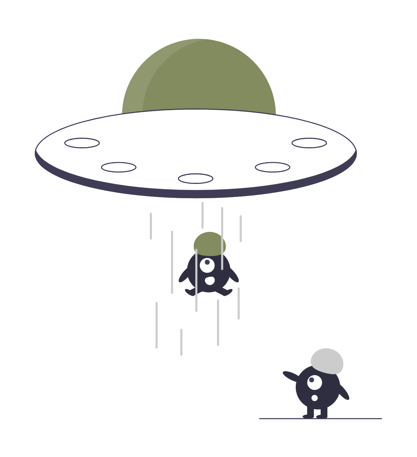 Ein Comic mit einem UFO, das mehrere kleine außerirdische Kreaturen trägt. Zwei dieser Kreaturen stehen am Boden und scheinen mit dem UFO zu interagieren.