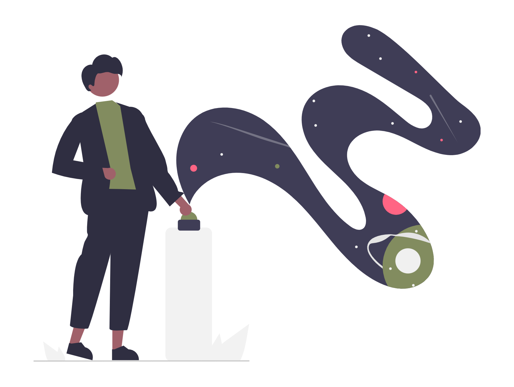 Eine stilisierte Illustration eines Mannes in Anzügen mit Rucksack, der eine Kindergrafik eines Dinosauriers hält, der aus einer Rakete mit Sternen und Planeten hervorschießt.