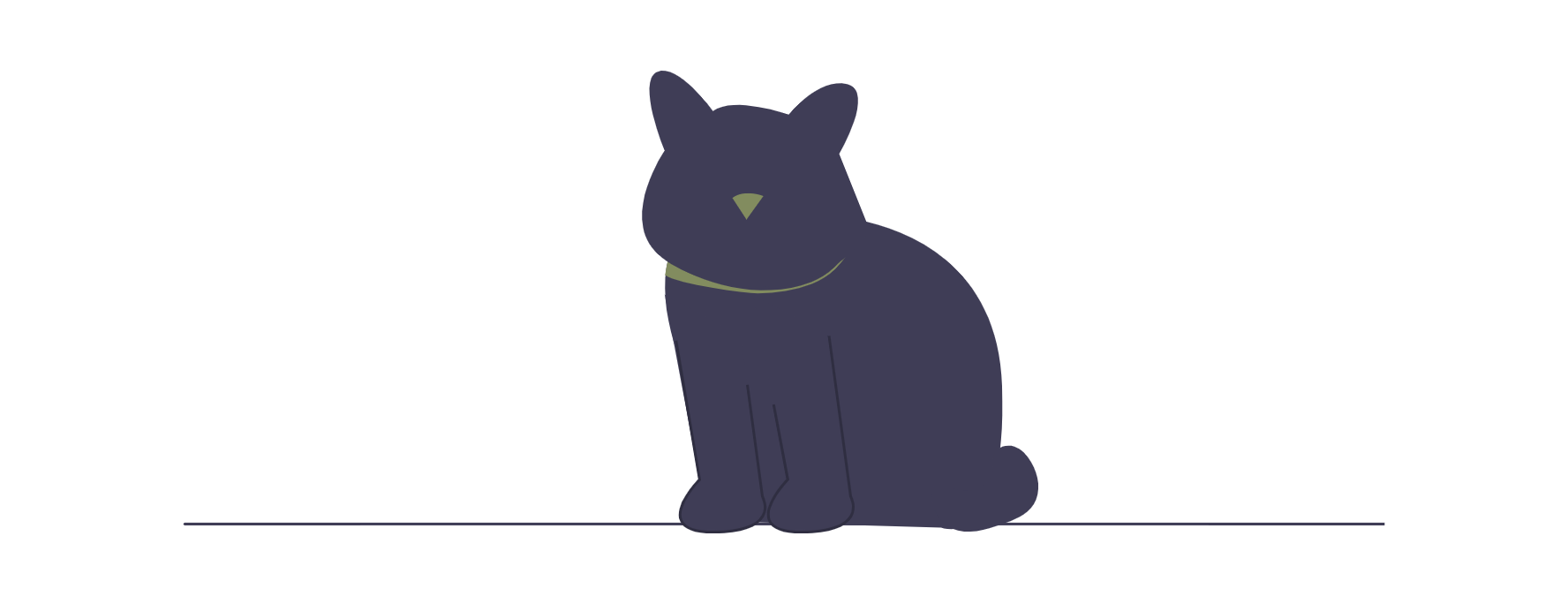 Ein dunkler, sitzender Hund mit Schlange um den Hals, flachem Design, minimalistischem Stil, gegen weißen Hintergrund.