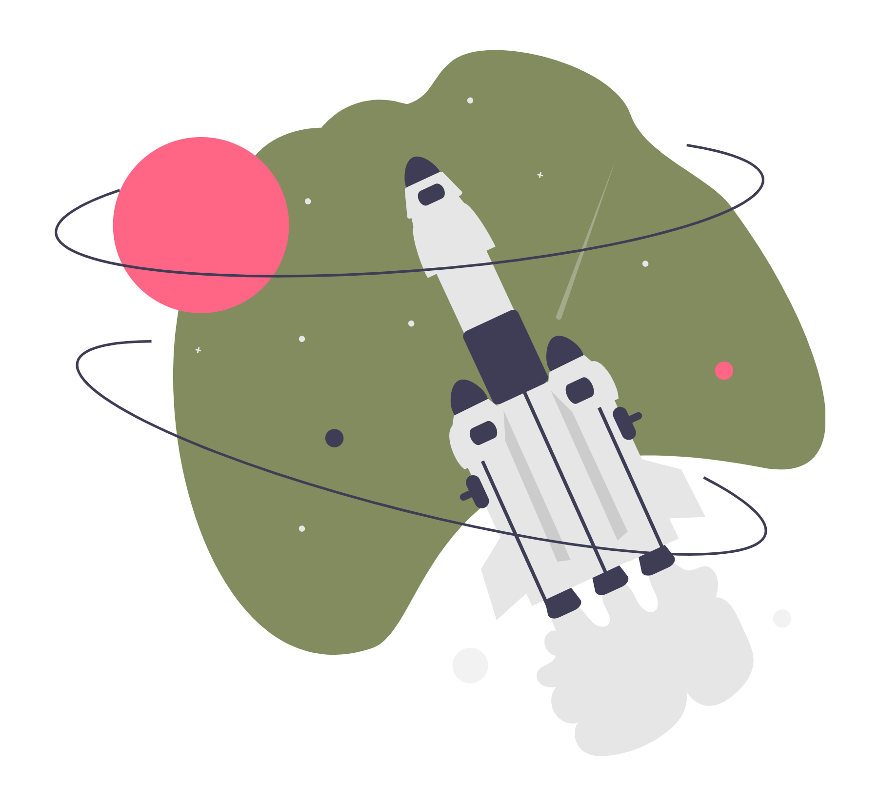 Illustration eines Raketenstarts im Weltall, mit einem Planeten im Hintergrund und Umlaufbahnen um den Planeten.