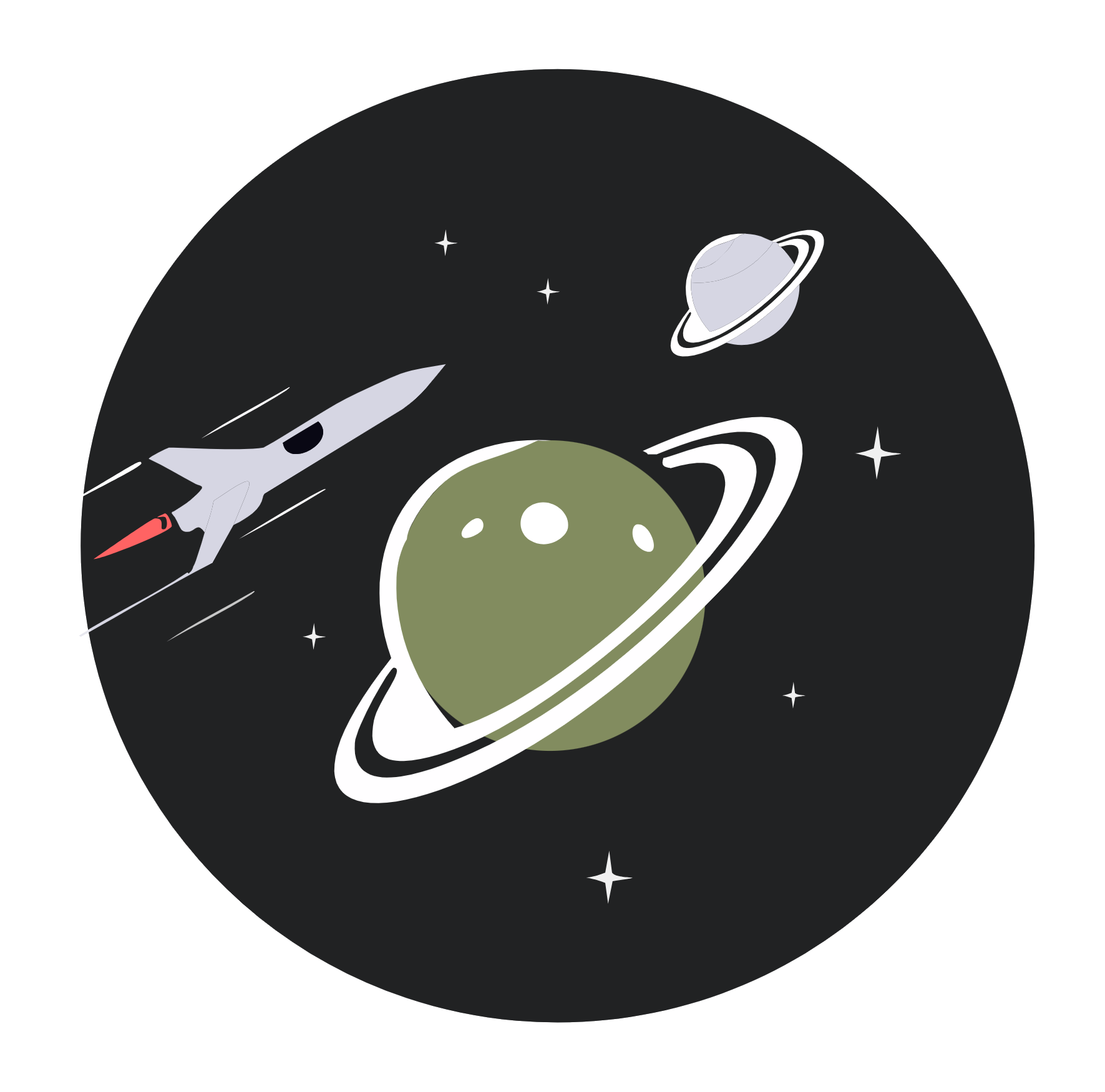 Illustration eines Raketenflugs durch das Weltall mit Planeten, Sternen und einem Planet mit Ringen.