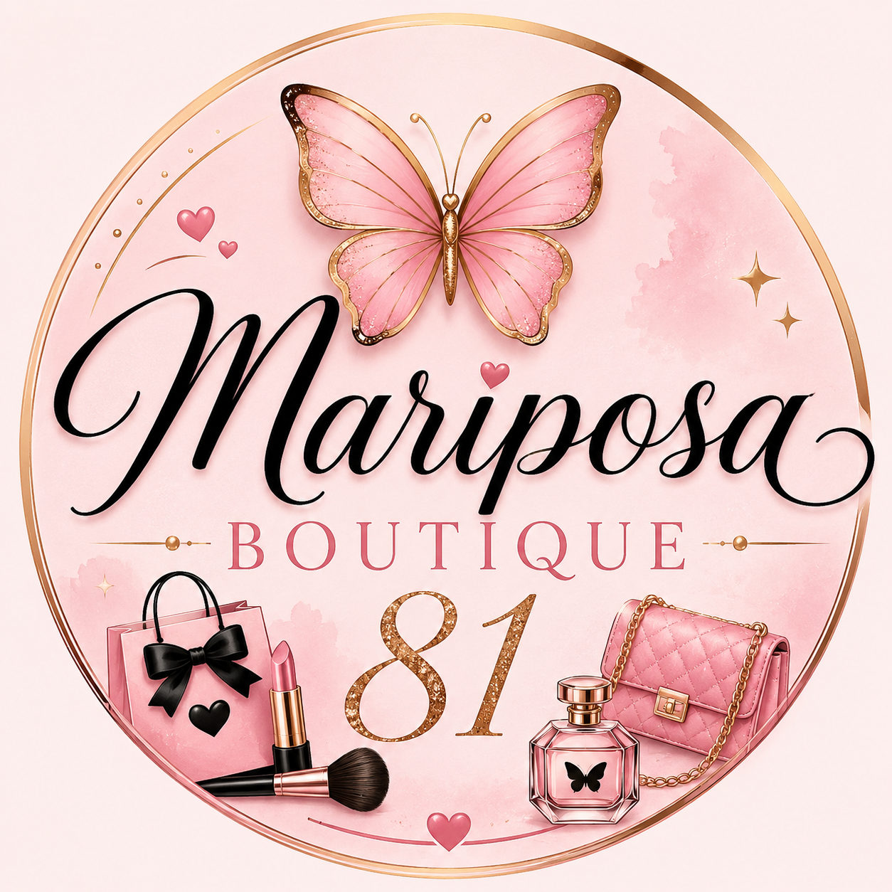 A circular logo for Mariposa Boutique featuring a pink butterfly at the top, pink and gold accents, and items like a shopping bag with a bow, a lipstick, makeup brush, a pink quilted handbag, and a perfume bottle with a butterfly. The text includes "Mariposa Boutique" and the number "81".