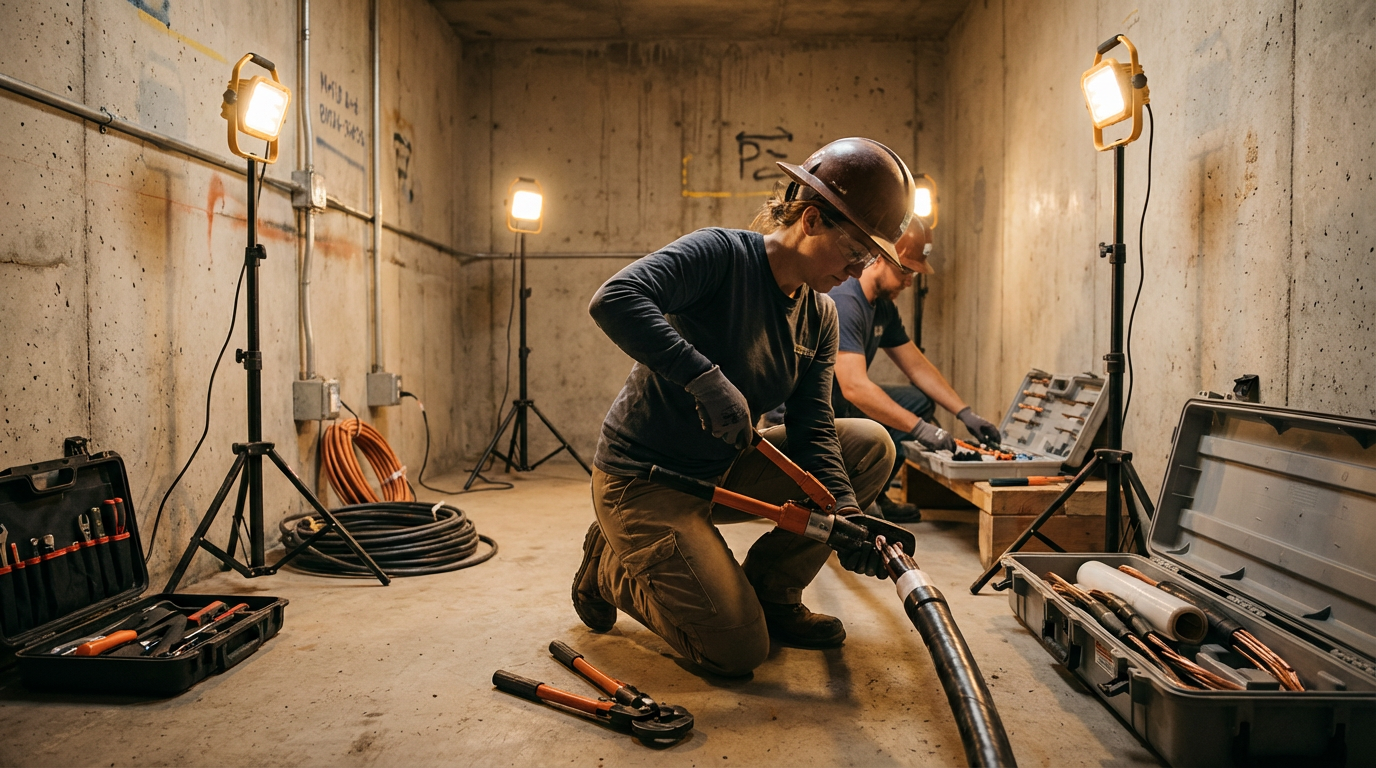 Two workers wearing safety helmets and gloves working with electrical tools in a construction basement with concrete walls and lighting equipment.