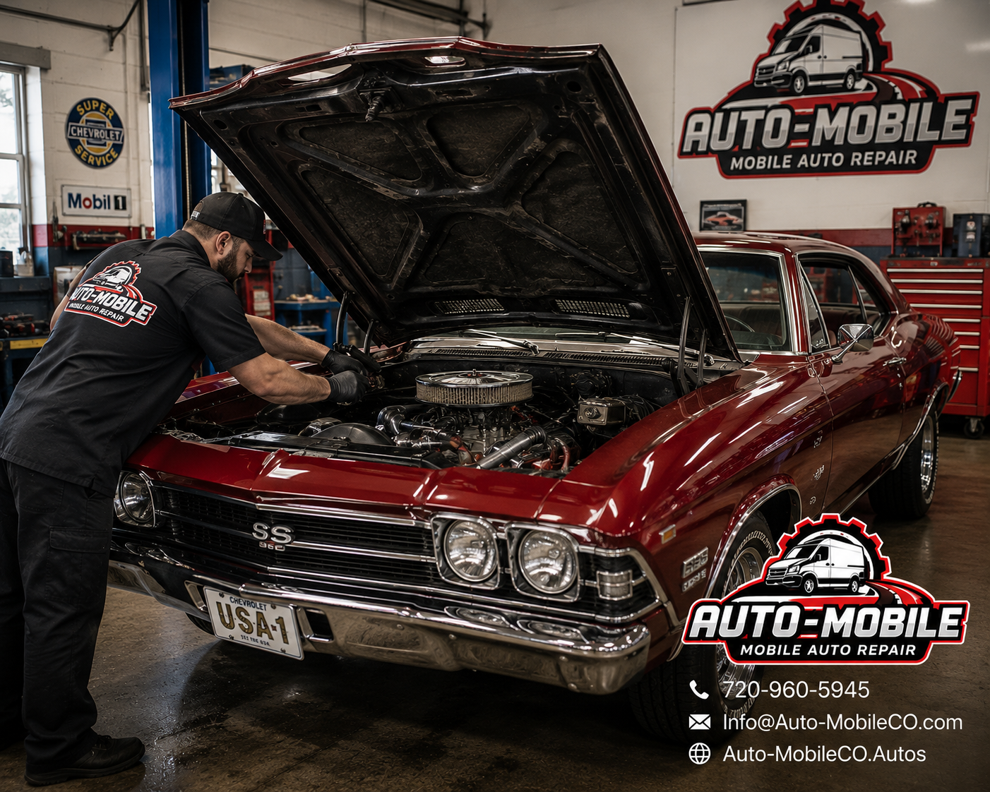 A mechanic working under the hood of a red Chevrolet SS in an auto repair shop. The shop has signs for 'Super Chevrolet Service,' 'Mobil 1,' and 'AUTO-MOBILE Mobile Auto Repair' with contact information.