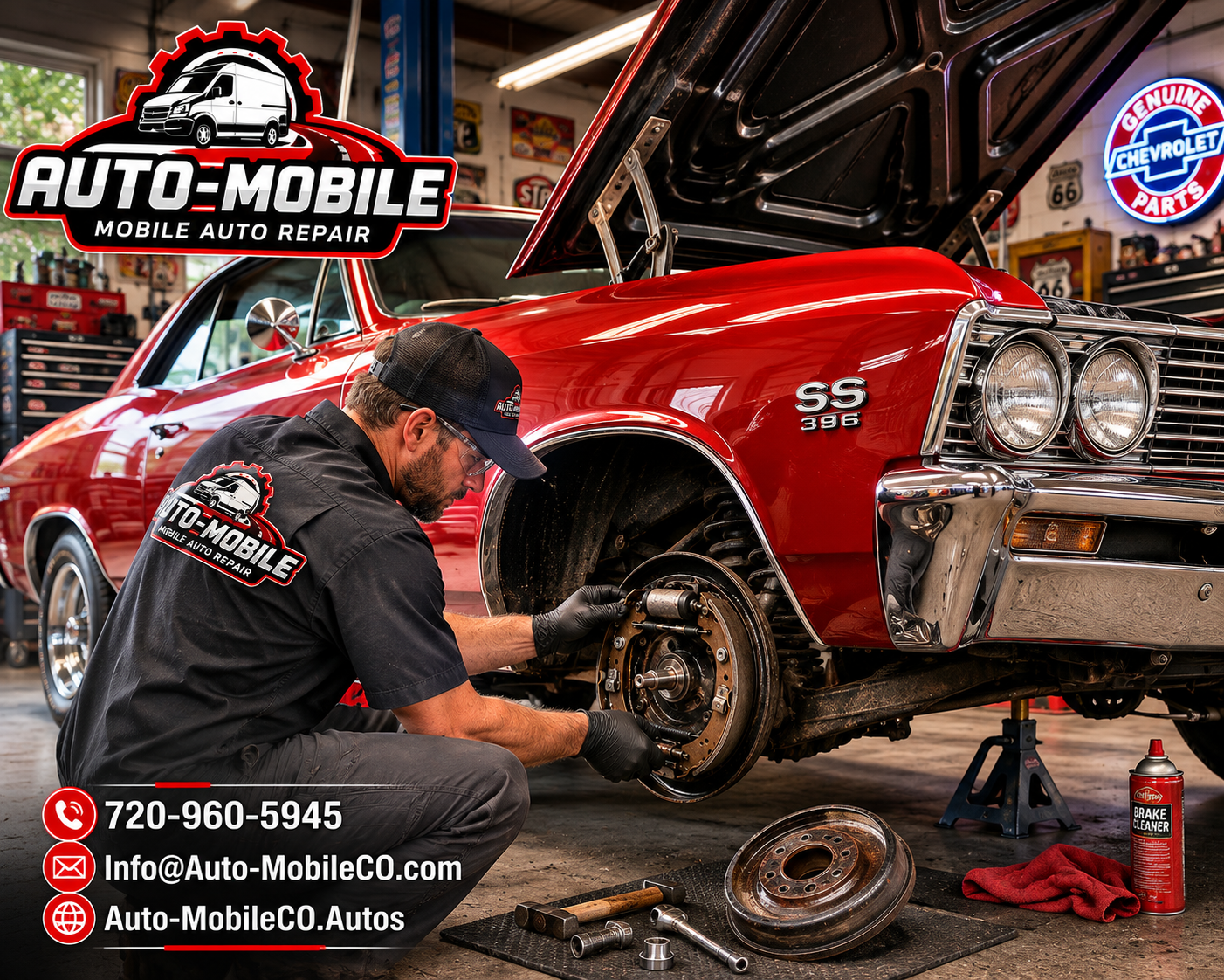 A mechanic in a black Auto-Mobile shirt and cap repairs a red classic Chevrolet SS car in an auto repair shop. The car's front wheel is removed, revealing the brake assembly, and tools, a brake cleaner spray, and a red cloth are nearby.