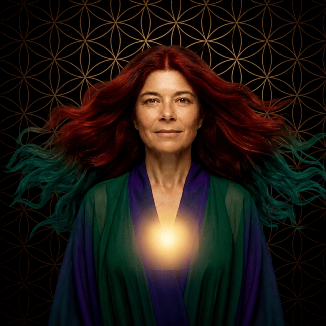 A woman with long red and teal hair stands in front of a geometric patterned background, wearing a green and purple garment with a glowing light at her chest.