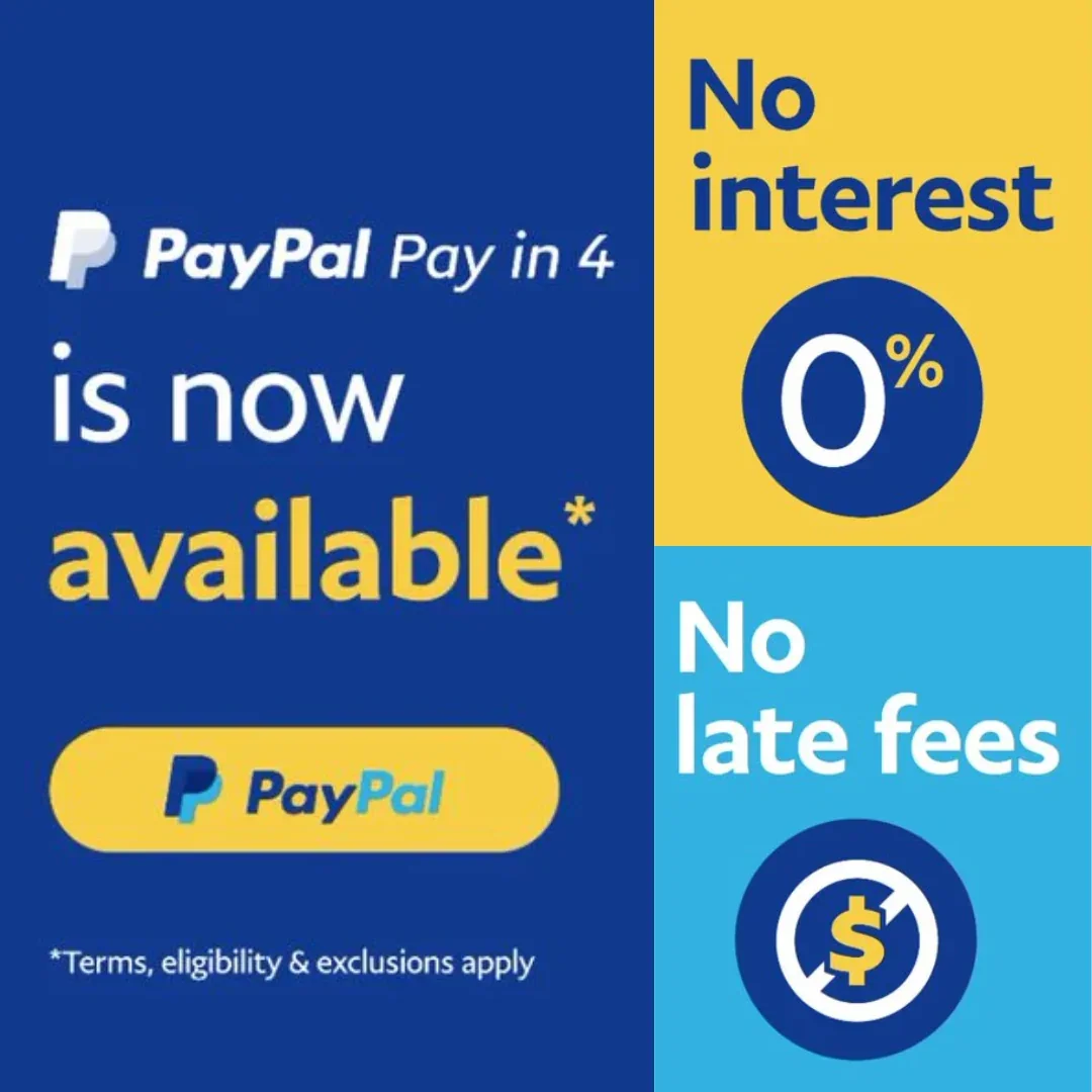 Advertisement promoting PayPal's offer to pay in four installments with no interest or late fees, featuring PayPal logo and text in blue, yellow, and white.