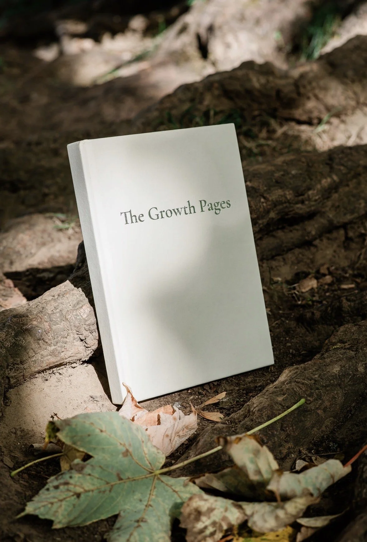 A book titled 'The Growth Pages' is placed on the ground surrounded by rocks, fallen leaves, and dirt in a natural outdoor setting.