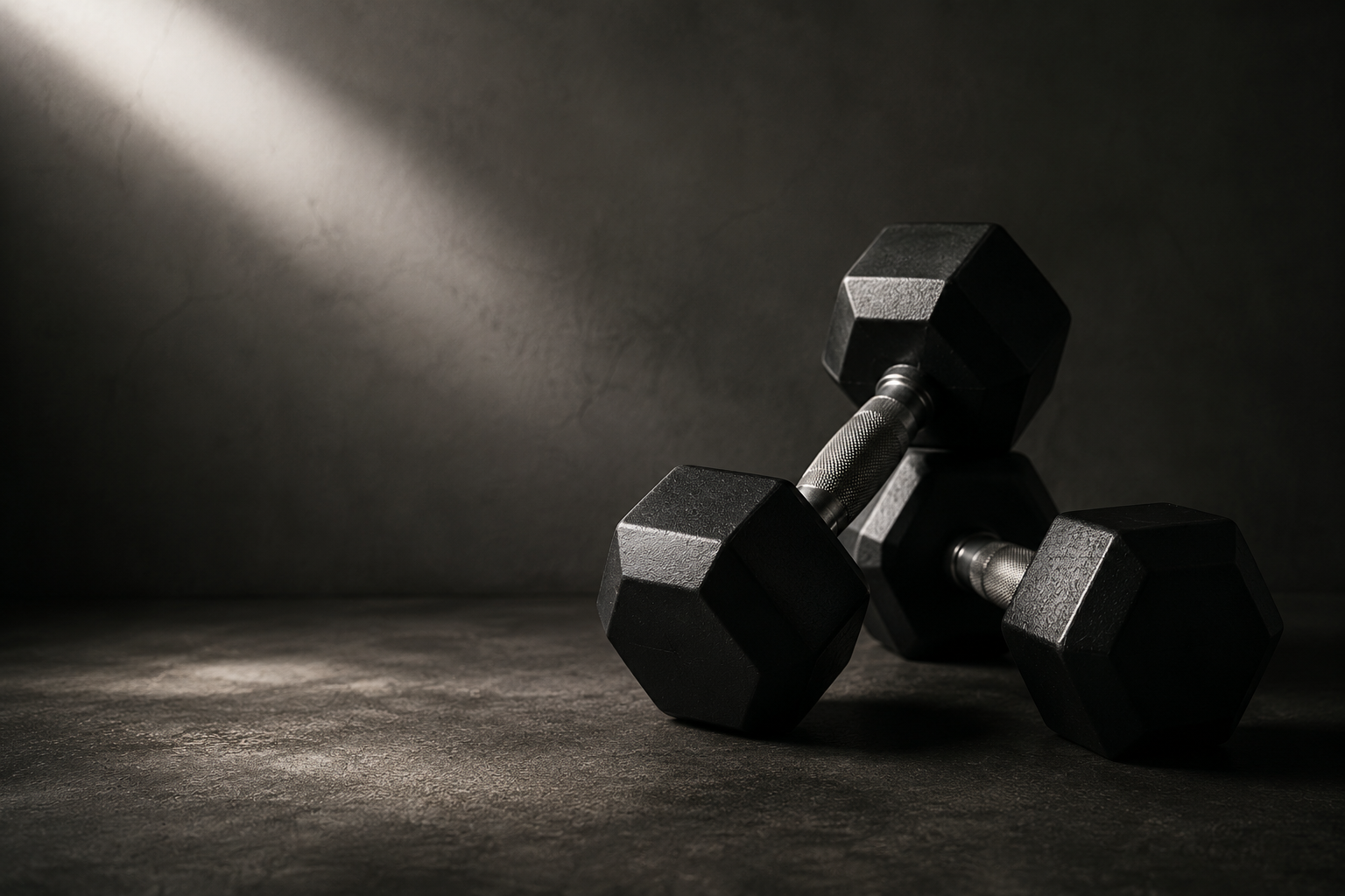 Black dumbbells resting on a dark textured surface with a dark background, illuminated by a beam of light.
