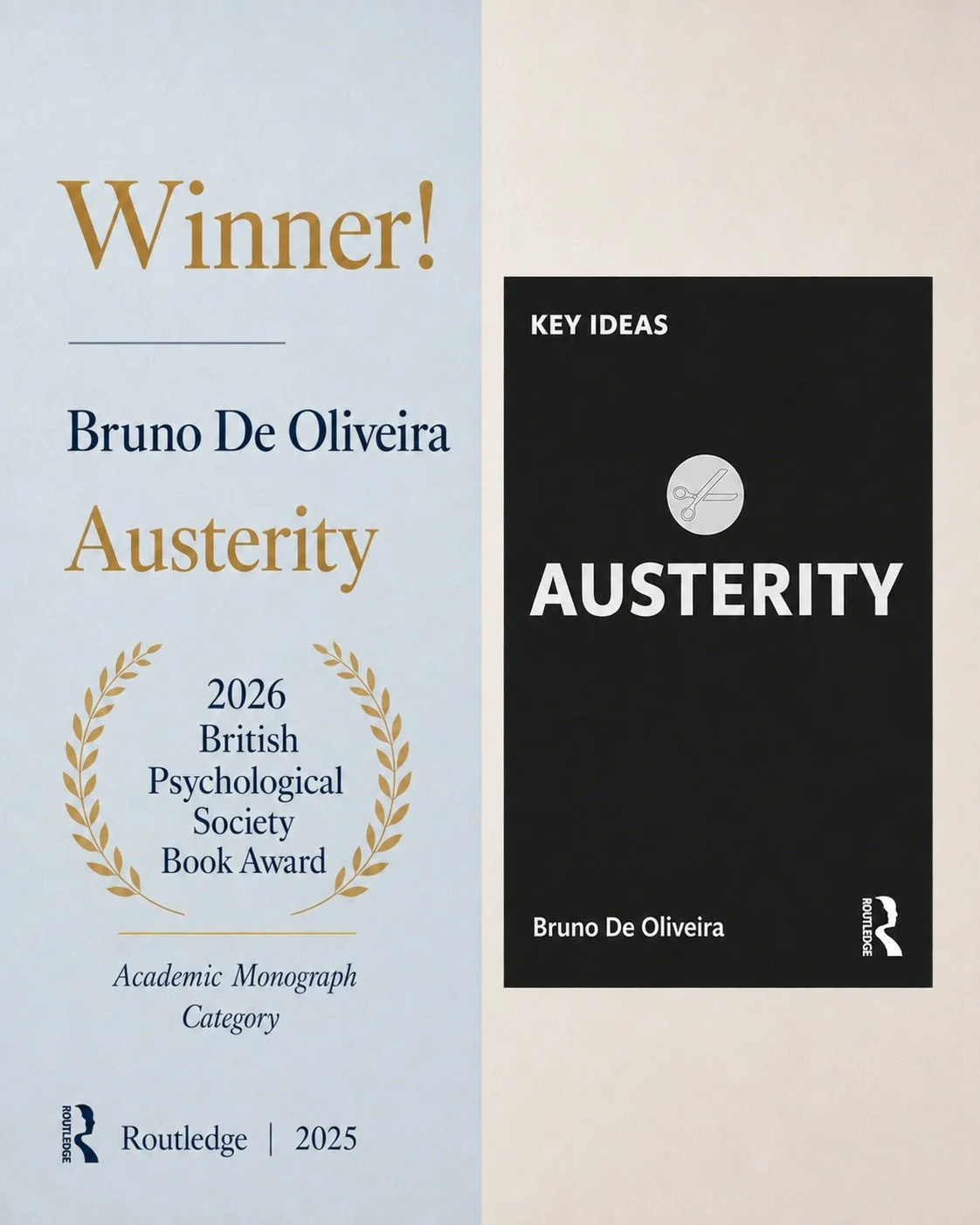 Cover of a book titled "Austerity" by Bruno De Oliveira, which won the 2026 British Psychological Society Book Award. The cover has sections with the titles "Winner!" and "Key Ideas," and includes a black and white image of a scissors icon.
