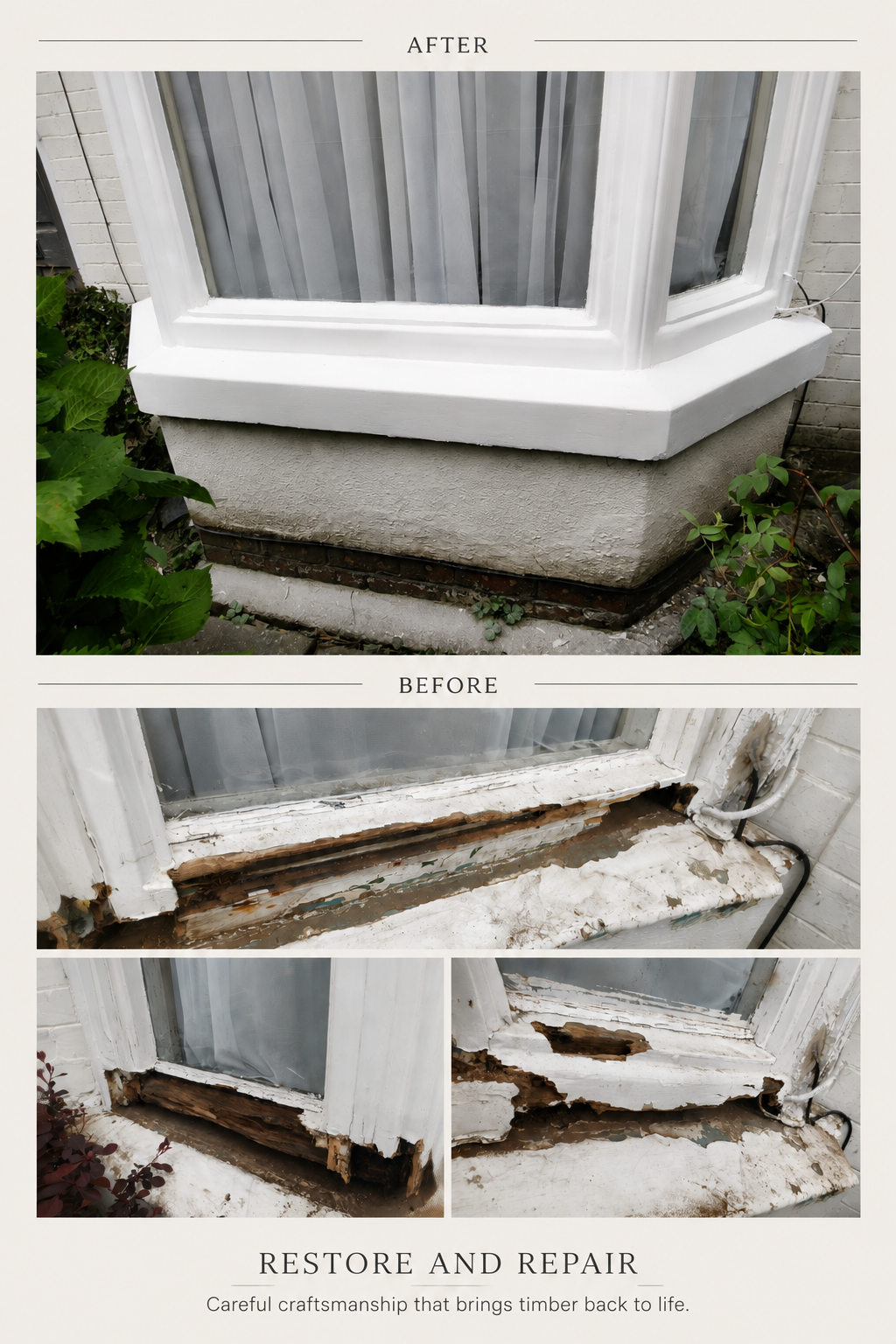 Before and after images of bay window repair, showing extensive wood rot in the bottom window frame, and the restored white-painted window frame with new timber.