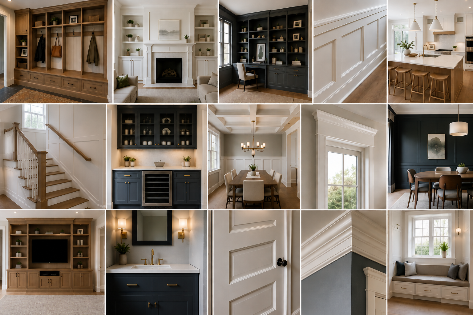 Collage of interior home spaces including a mudroom, living rooms with fireplaces, a study with a desk, a staircase, a dining room, a wet bar, a kitchen with an island, a media room, a bathroom with a vanity mirror, a close-up of a door, and a window nook with seating, all featuring modern and traditional decor with neutral colors, wood accents, and elegant design details.