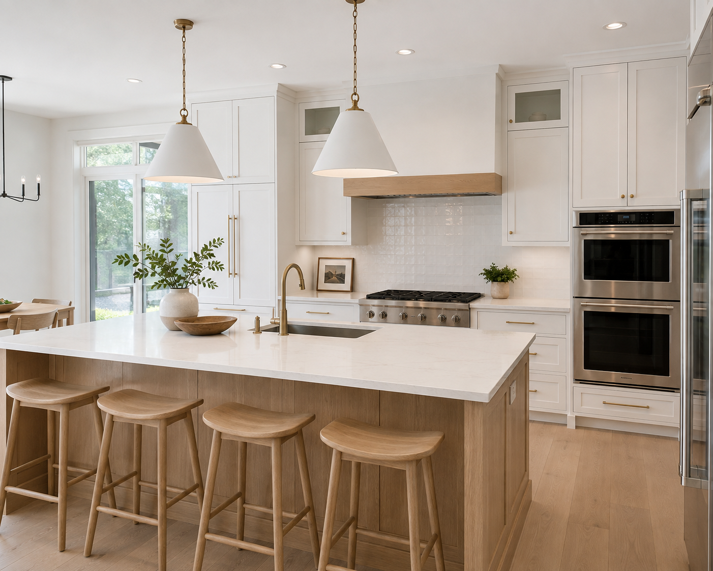 Modern white kitchen with island, wooden stools, built-in appliances, and natural light.