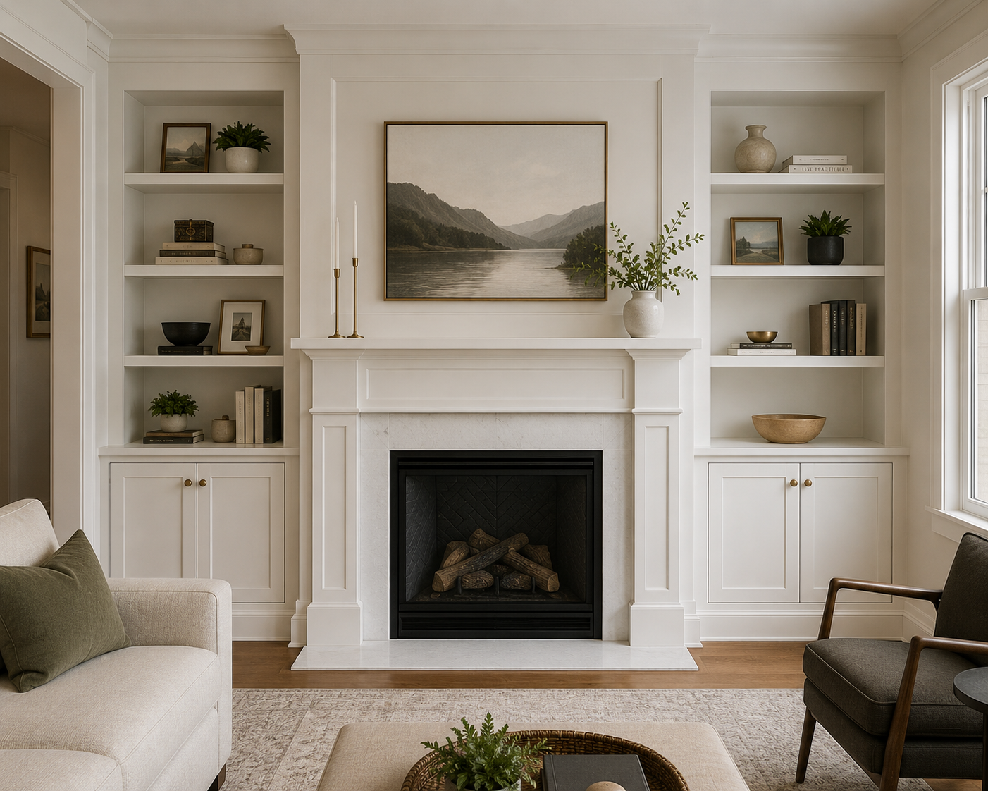Living room with white built-in shelves on each side of a fireplace, decorated with plants, framed photos, art, and books, and a landscape painting above the mantel.