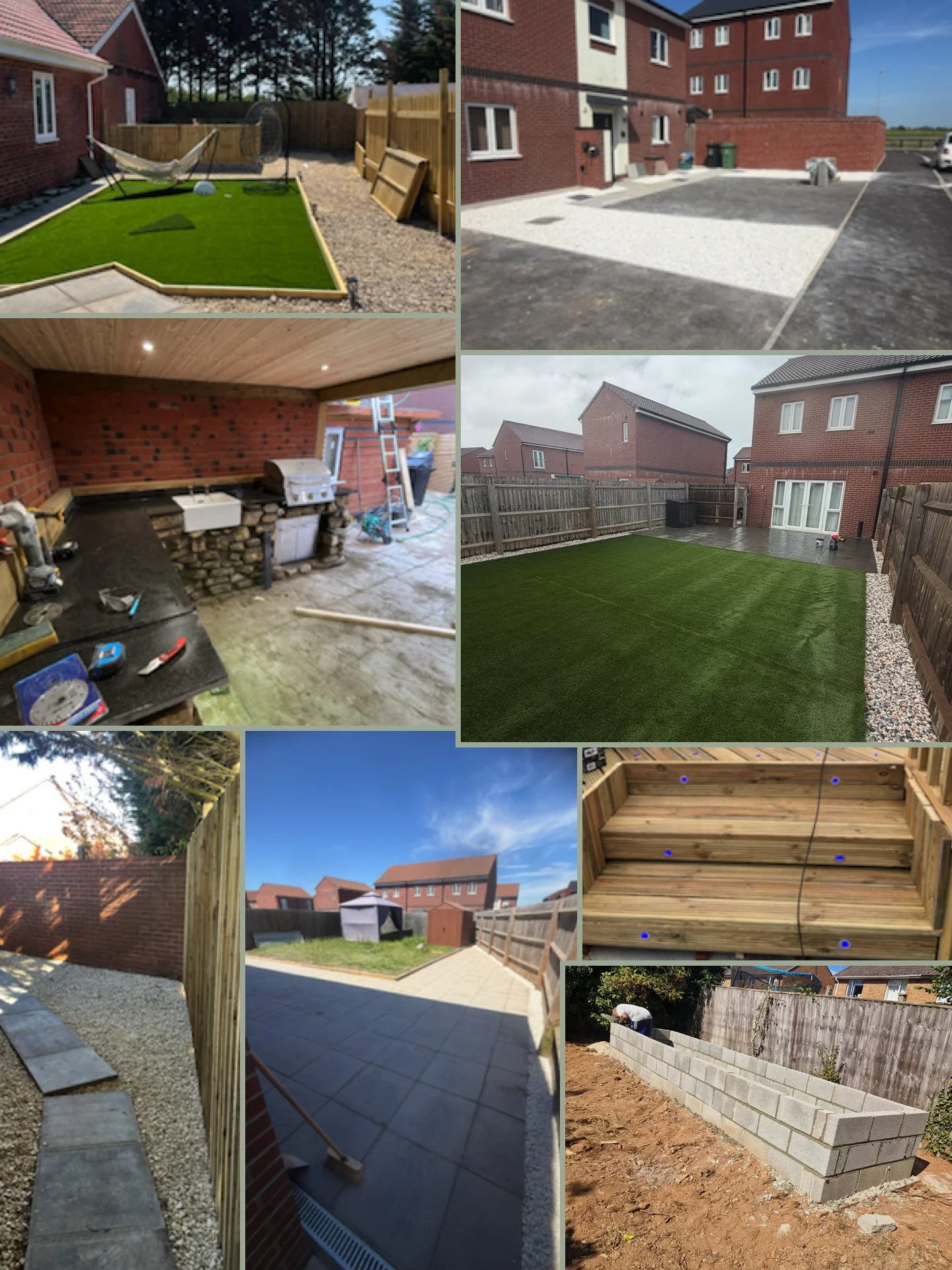 Series of images showing the process of building a backyard patio, garden, and fencing with different stages of construction and landscaping.