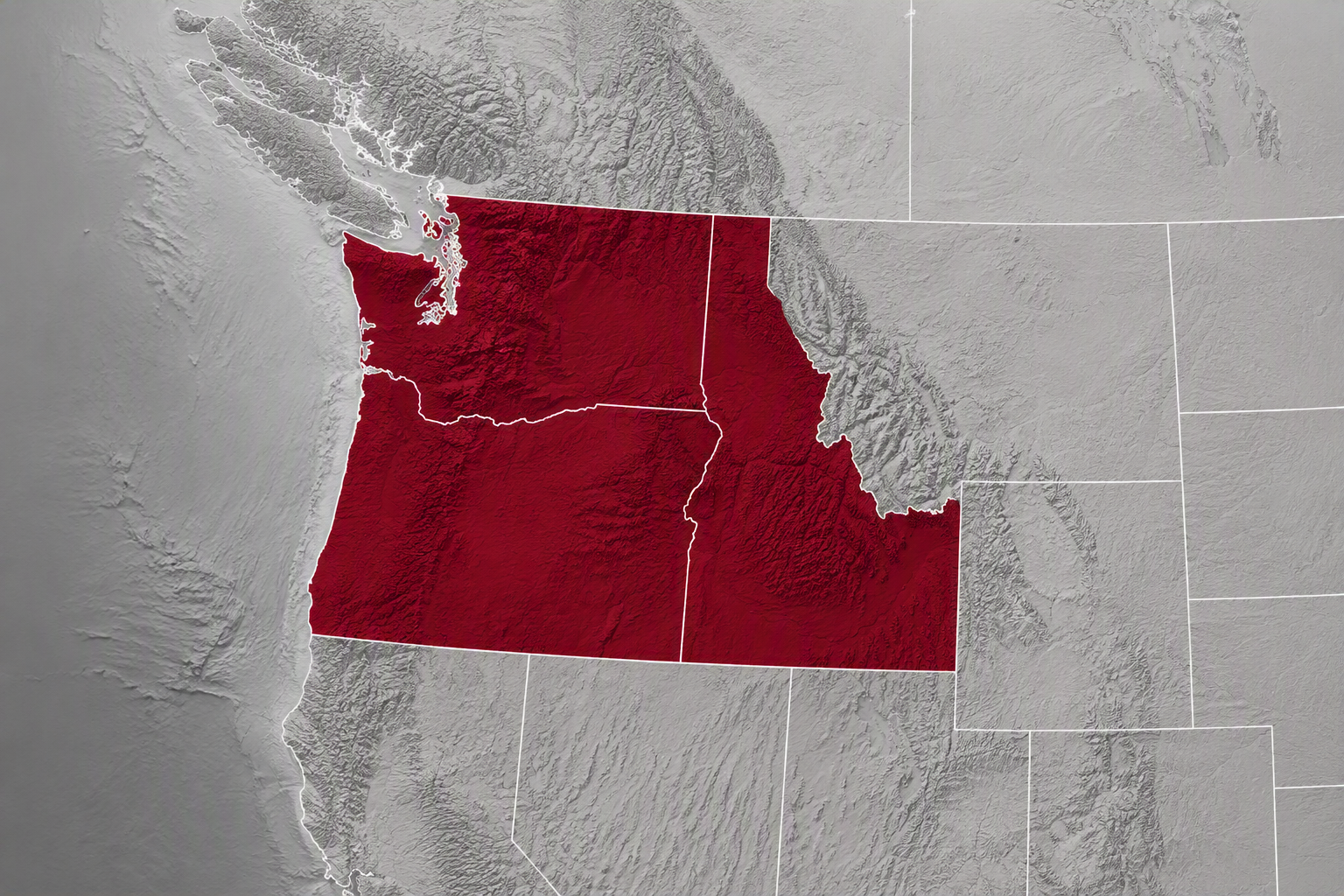 Map highlighting the state of Washington in red, showing its borders and topography.