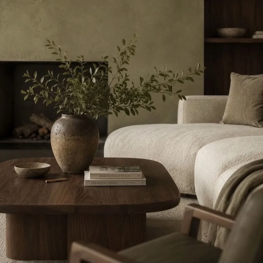 A cozy living room with a beige sofa, a wooden coffee table with a big vase of greenery, books, and a small bowl, and dark wood accents in the background.