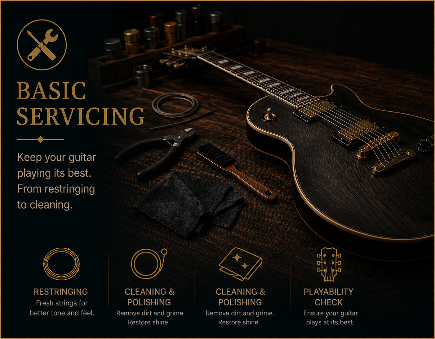 A black acoustic guitar on a dark wooden surface surrounded by guitar servicing tools including strings, pliers, a brush, cloth, and fretboard cleaner, with text about basic guitar servicing tips.