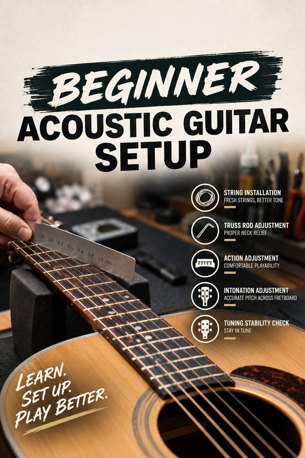 A person using a metal ruler to measure the fret spacing on an acoustic guitar's neck during setup, with a workshop background and text overlay about beginner acoustic guitar setup.