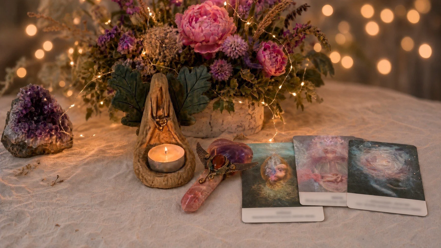 Bloom Circle altar flowers, candles, crystals and oracle cards