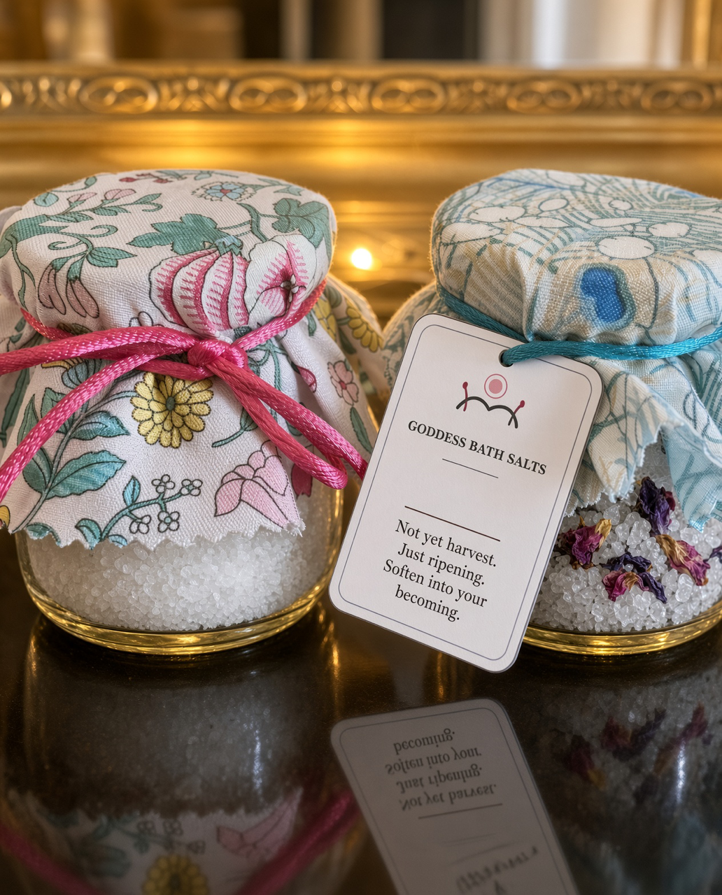 Handmade goddess bath salts in glass jars with fabric covers and ribbon, tagged 'not yet harvest, just ripening'