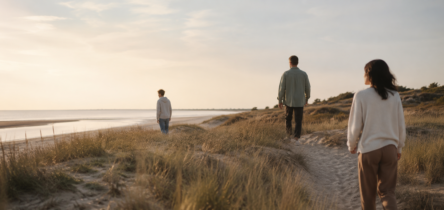 Three adults walking along a coastal path at sunset, representing calm and connection in online therapy for young adults and adults