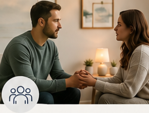 Two adults sitting face to face in an honest conversation, representing relationship and communication support in therapy