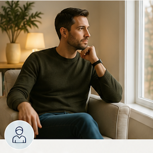 Young adult man sitting thoughtfully by a window, representing online therapy for young adults and adult