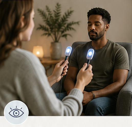 Therapist guiding a client through EMDR therapy using bilateral stimulation tools